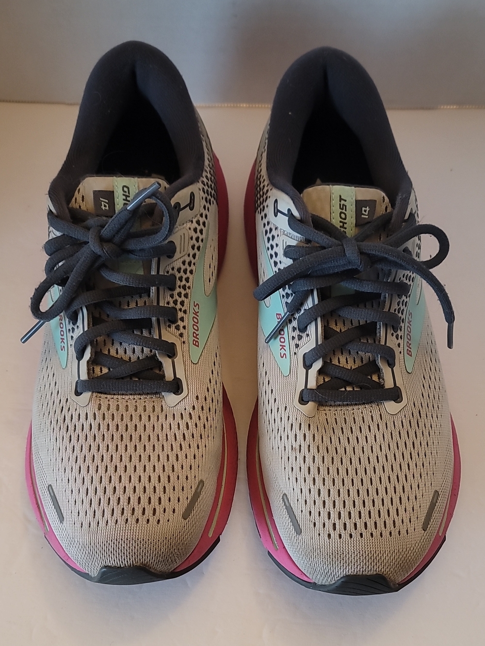 Brooks Women’s Athletic Running Shoes - Ghost 14 Beige with Pink &  Mint Accents